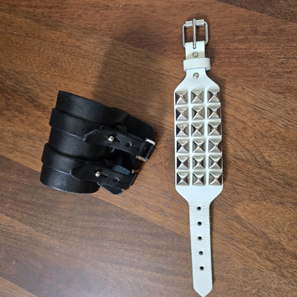 Black and Silver Studded Leather Cuff Bracelet - Picture 1 of 14